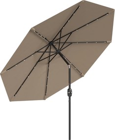 Outsunny Chapéu de Sol com 32 Luzes LED Solares Ø265 cm, Inclinável com Manivela e Mastro de Aço para Terraço, Pátio e Exterior Cáqui | Aosom Portugal