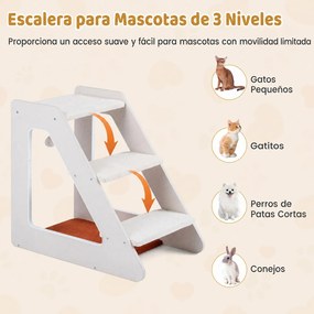 Escada para Cães e Gatos de 3 Níveis, 33 x 54 x 48 cm, Tecido de Bombazina Antiderrapante, Branco