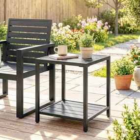 Mesa de centro de exterior de 2 níveis em metal 45 x 45 x 54 cm, mesa de jardim quadrada com prateleira de arrumação, preta