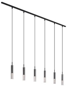 Sistema de iluminação de trilho moderno preto com 6 candeeiros suspensos pretos com vidro fumado 1 fase - Slimline Loyce