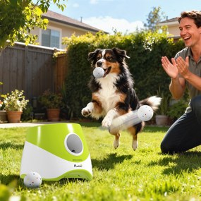 Lançador automático de bolas para animais de estimação com 3 bolas em ETPU, 3 configurações de distância (6 m/10 m/14 m), para uso no interior e no ex