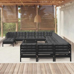 vidaXL 13 pcs conjunto lounge de jardim c/ almofadões pinho preto