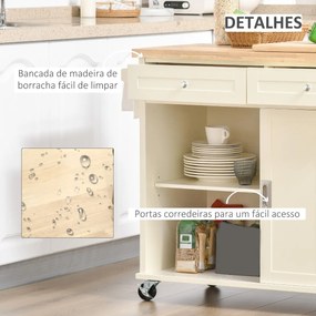 Carrinho de Cozinha com 2 Armários Porta Corredeira 2 Gavetas e Barra para Panos Móvel Aparador com Rodas para Sala de Jantar 110x49,5x89,5cm Creme