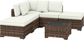 Conjunto de Jardim em Vime de 6 Peças Inclui Almofadas 4 Módulos de Assento 1 Sofá de Canto e Mesa de Centro em Vidro Castanho Escuro