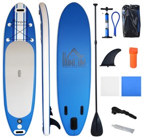 HOMCOM Prancha de Paddle Surf com Remo Ajustável Prancha de Paddle Surf com 3 Aletas para Maior Estabilidade Kit de Reparação e Bolsa de Transporte 305x76x15 cm Azul
