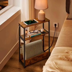 Mesa de cabeçeira ou Mesa de apoio, com 1 tomada e 2 portas USB e 3 prateleiras estreitas 18 x 45 x 58 cm Castanho vintage + Preto
