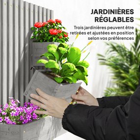Floreira de parede 60 x 16 x 80 cm para horta com 3 vasos removíveis em madeira maciça, tecido não tecido, cinzento