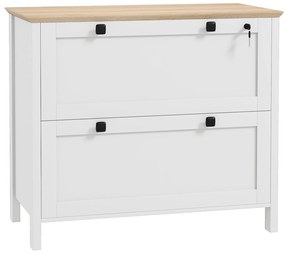 HOMCOM Armário de Escritório Móvel Arquivador com 2 Gavetas 2 Barras Suspensas para Tamanho A4 e 2 Chaves 79x40x72cm Branco e Madeira | Aosom Portugal