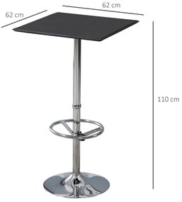 HOMCOM Mesa de Bar Mesa Alta de Cozinha com Apoio para os Pés Ajustável e Estrutura de Metal para Sala de Jantar Carga Máxima 60kg 62x62x110cm Preto e Prata
