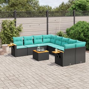 9 pcs conjunto de sofás p/ jardim c/ almofadões vime PE preto