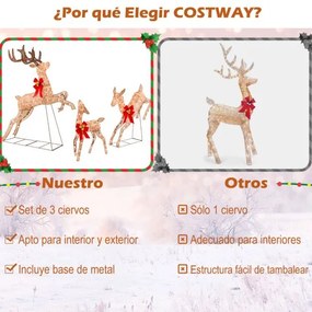 Conjunto de 3 renas de Natal iluminadas com 255 luzes de Natal brancas quentes para decoração dourado