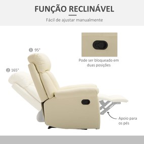 Poltrona Relax Reclinável Estofado em PU Poltrona de Sala de Estar com Apoio para os Pés Retrátil 80x97x107cm Bege