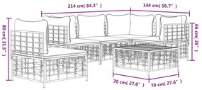 6 pcs conjunto lounge de jardim c/ almofadões vime PE antracite