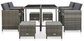 9 pcs conjunto jantar exterior c/ almofadões vime PE cinzento