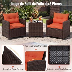 Conjunto jardim de 3 peças: cadeiras de rattan e mesa com tampo de vidro temperado. Mobiliário de exterior em vime para pátio, Castanho com almofadas