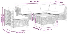 6 pcs conjunto sofás de jardim c/ almofadões vime PE preto