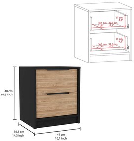 Mesa de cabeceira Kaia em melamina com gavetas duplas e calhas metálicas 48 x 41 x 36,5cm, preto/mel