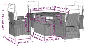 5 pcs conjunto de jantar p/ jardim c/ almofadões vime PE cinza