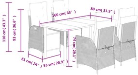 5 pcs conjunto de jantar p/ jardim c/ almofadões vime PE preto