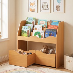 Móvel de Arrumação Infantil com Estante e Gavetas, 82 x 30 x 76 cm, 3 Prateleiras Abertas, Natural