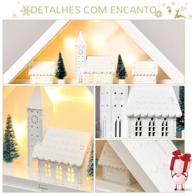 Calendário de Advento de Natal Madeira com 24 Gavetas e Luzes LED Decoração de Natal Modelo Casinha 39x9x42cm Branco