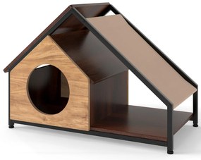 Casa de madeira para gatos de interior 84 x 43 x 58,5 cm com varanda Telhado inclinado removível e estrutura metálica Castanho