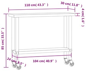 Mesa de trabalho de cozinha c/ rodas 110x30x85 cm aço inox.