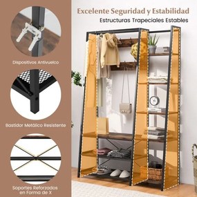 Armário de entrada Cabide com banco de arrumação 5 em 1 com 9 ganchos Estantes Estrutura metálica para corredor Sala de estar Quarto Castanho