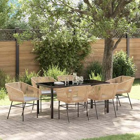 vidaXL Conjunto de jantar de jardim com 7 peças e almofadas marrom de polirattan