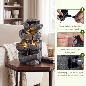 Fonte de água em cascata para exterior com 5 níveis 29,5 x 21 x 47 cm, iluminação LED e caudal regulável, decorativa para sala, jardim ou terraço