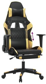Cadeira gaming c/ apoio pés couro artificial preto e dourado