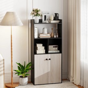Estante 60 x 30 x 133 cm de 5 níveis com prateleiras abertas e portas para quarto, sala de estar ou escritório Preto