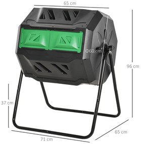 Compostor de Tambor Giratório de 160L com Dupla Câmera e Ventilação para Resíduos Orgânicos 71x64x92 cm Preto e Verde