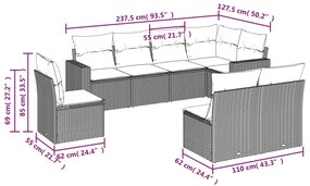 8 pcs conjunto sofás de jardim c/ almofadões vime PE cinzento