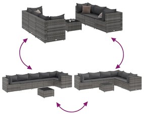 7 pcs conjunto lounge de jardim c/ almofadões vime PE cinzento