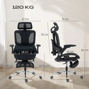 Cadeira de Escritório com Encosto Reclinável e Alto Suporte Lombar Transpirável Apoios de Braço 4D e Encosto de Cabeça Ajustável 67x74x113-132 cm Pret