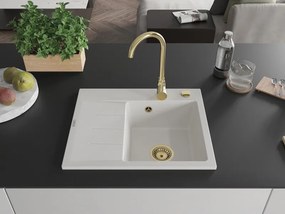 Mexen Ben lava-louça de granito de 1 cuba com escorredor, direito 600 x 500 mm, branco, sifão dourado - 6523605000-20-G