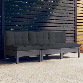 vidaXL Sofá de jardim 3 lugares com almofadões antracite pinho maciço