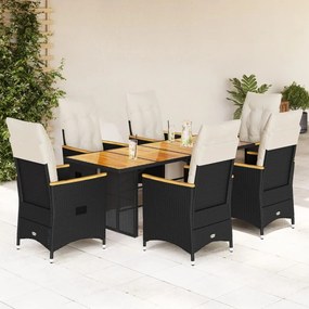 7 pcs conjunto de bistrô p/ jardim c/ almofadões vime PE preto