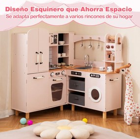 Cozinha de brincar de canto em madeira 96 × 91 × 105 cm com frigorífico de porta dupla, cafeteira, máquina de lavar roupa, 12 acessórios, luzes e sons