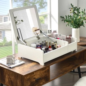 Pequena Caixa de maquilhagem de mesa compacta com espelho flip-open para quarto de dormir Grande Armazenamento 60 x 40 x 16 cm Branco