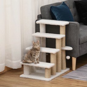 Escada para Gatos de 4 Níveis Coberta de Pelúcia Suave Poste de Juta Bola Pendurada Arranhador para Gatos 60x40x64 cm Branco