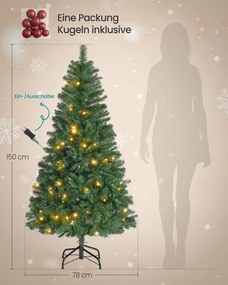 Árvore de Natal artificial 150 cm de altura com iluminação com (PACOTE BOLAS VERMELHAS) e com suporte metálico Verde
