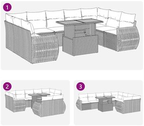 10 pcs conjunto sofás de jardim c/ almofadões vime PE preto