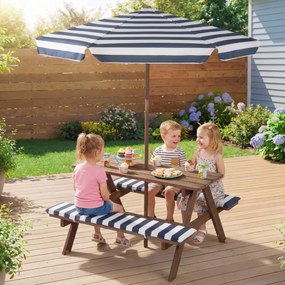 Conjunto de mesa de piquenique para crianças com 2 bancos de madeira, guarda-sol dobrável e ajustável, almofadas para uso interior e exterior, azul-ma
