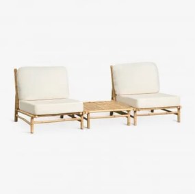 Conjunto De Jardim Com 2 Poltronas E Mesa De Centro Quadrada 75x75 Cm Em Bambu Isendra Tecido Branco - Sklum