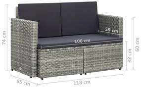 Sofá de jardim de 2 lugares com almofadões vime PE cinzento