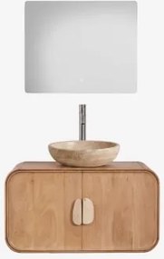 Conjunto De Móvel De Casa De Banho Suspenso 95x45 Cm Em Madeira De Manga E Pedra Natural Kivalina Travertino - Madeira De Mangueira & - Sklum
