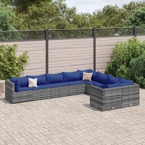 vidaXL 9 pcs conjunto sofás p/ jardim com almofadões vime PE cinzento
