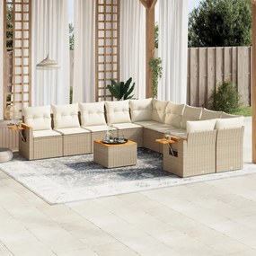 11 pcs conjunto sofás de jardim c/ almofadões vime PE bege